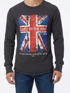 Kerusso Vintage Gray Long Sleeve Tee with Red & Blue Union Jack Graphic